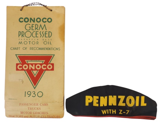 Petroliana Items (2), 1930 litho on cdbd Conoco flip cards & Pennzoil mecha