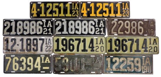License Plates (11), Iowa 1919-1923 (w/3 paired), 1911 & 2 blank year, embo