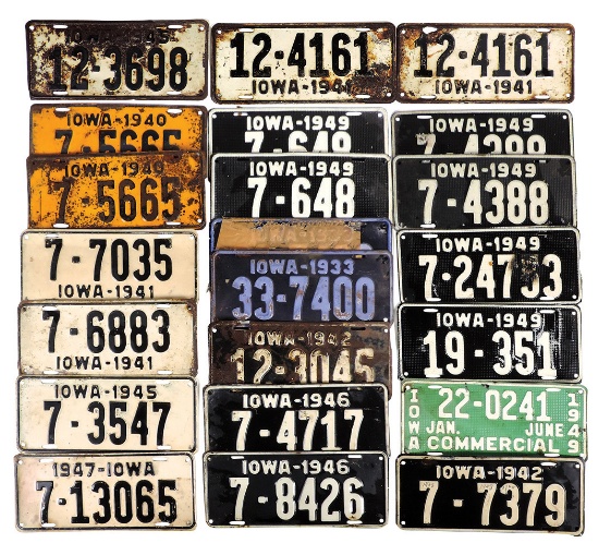 License Plates (22), Iowa 1940s, incl commercial vehicle, embossed metal, Go