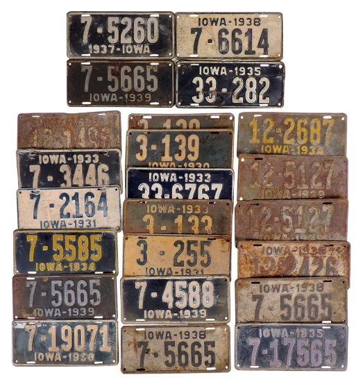 License Plates (23), Iowa 1930s, embossed metal, various cond, 12"L.