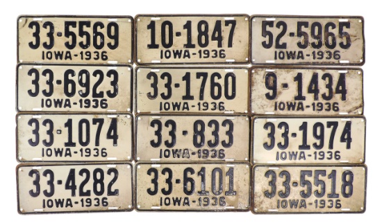 License Plates (24), all Iowa 1936, embossed metal, Good+ to VG cond 13"L.