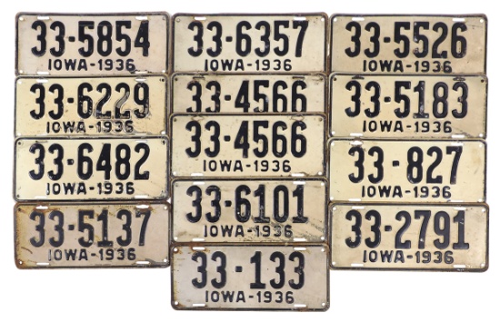 License Plates (21), all Iowa 1936 w/some pairs, pressed steel, Good+ to VG