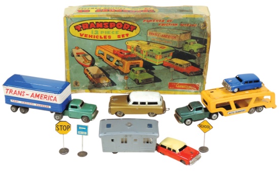 Toy Transport Vehicles Boxed Set, 11 pcs litho on tin mfgd by Cragstan (boa
