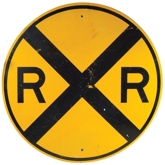 Railroad Crossing sign, round metal sign in gold & black, Good overall cond
