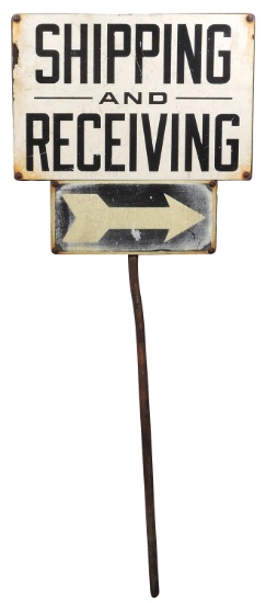 Industrial Shipping/Receiving Sign, directional arrow mounted on steel plat