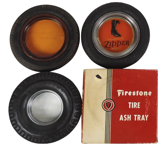 Automobilia Tire Advertising Ashtrays (3), Firestone in orig box, Zipper &