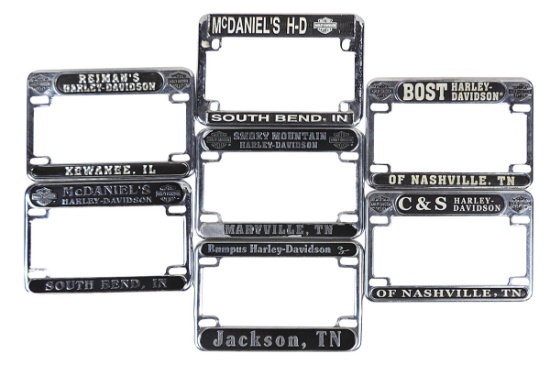 Motorcycle Harley-Davidson License Plate Frames (7), TN, IN & IL shops, most w/lo