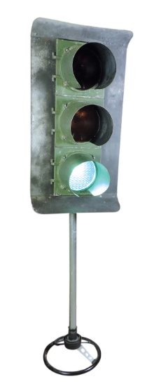 Automobilia Traffic Light, Econolite, 3-section aluminum on later stand w/s