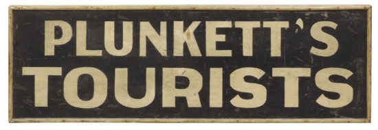 Automobilia Campground Sign, "Plunkett's Tourists", sand-painted wood trade