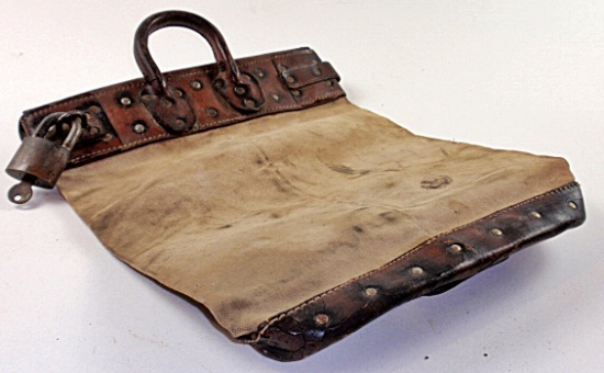 A Antique Locking Leather & Canvas Money Bag
