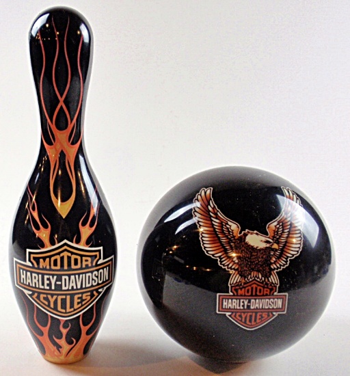 A Harley Davidson Bowling Ball & Pin
