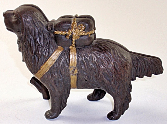 A Saint Bernard Cast Iron Still Bank c1900 in Exc+ cond w/orig gilt, 7.5"L.
