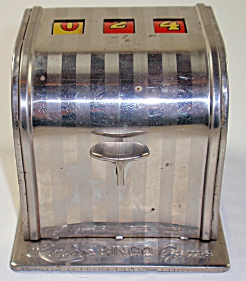 A Vintage Kalon Bingo Game, nickel-plate tin w/3 litho reels, Exc working c