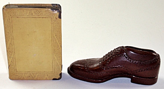A Florsheim Shoe & book bank, Exc cond the former w/unopened slot, 5.25"L