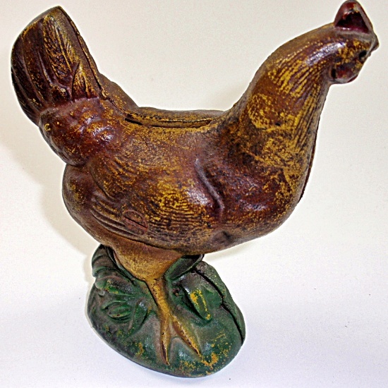 A Cast Iron Rooster Bank, early 20th C. with orig polychrome finish in Exc