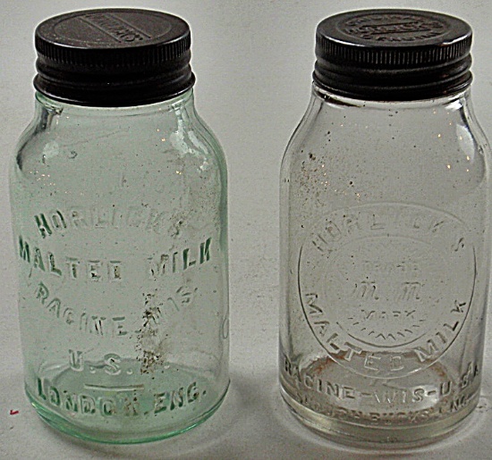 2 Horlick's Embossed Glass Jars