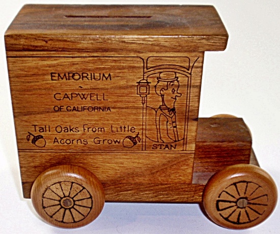 A Laurel & Hardy Pyrography wood music truck bank adv Emporium Capwell Cam