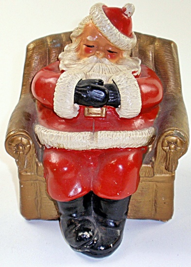 A Sleeping Santa Polychrome Plaster Bank w/ Dunlap Ill State Bank decal, VG