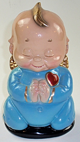 A Hand Painted Praying Kewpie Bank, mold blown resin, Exc cond. 10"H.