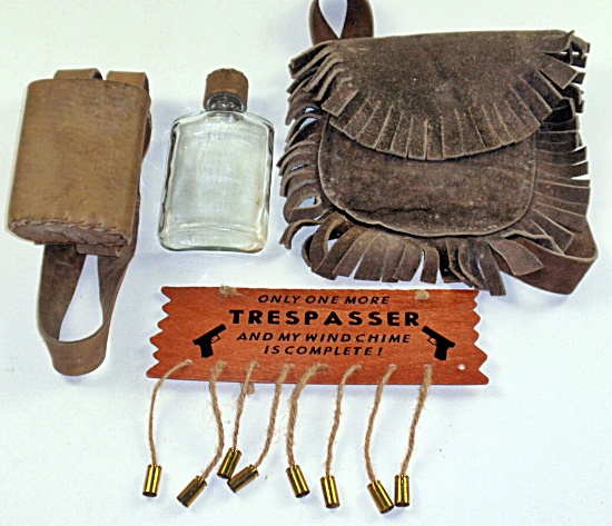 3pc leather pouch, leather cased flask & Sign