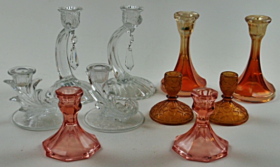 5 Pr of Crystal & Depression Glass Candlesticks