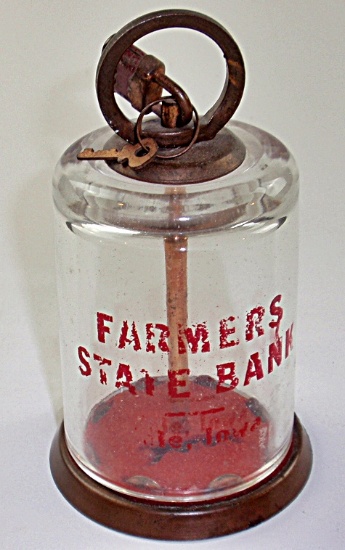 A Farmers State Bank Advertising Glass Bank, VG cond, worn Iowa town, w/loc