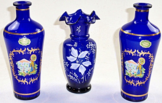 3 Cobalt Blue Enameled Vases
