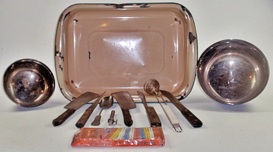A Graniteware Pan Of Collectibles