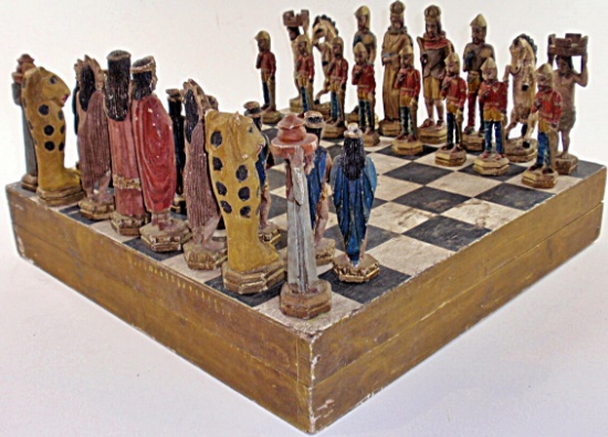 A Vintage Carved & Gilt Wood Chess Set