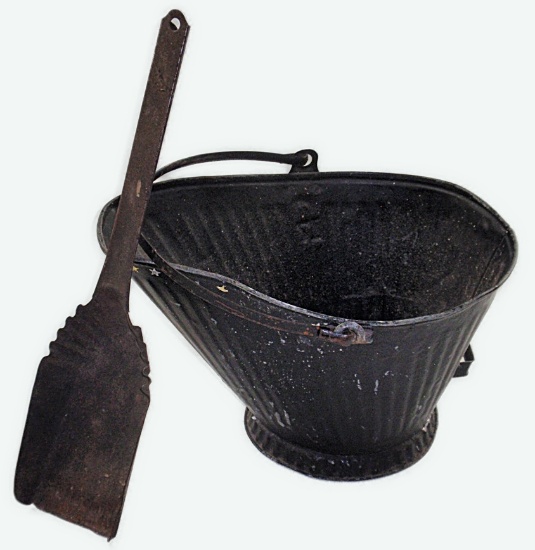 Vintage metal coal scuttle and shovel