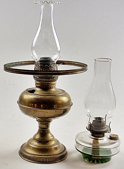 2 Vintage Kerosene Lamps, Brass Rayo & a bracket lamp font