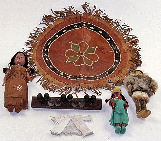 6Pc Western Group, Eureka Whip Rack, Native American Dolls & Leather Items