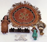 6Pc Western Group, Eureka Whip Rack, Native American Dolls & Leather Items