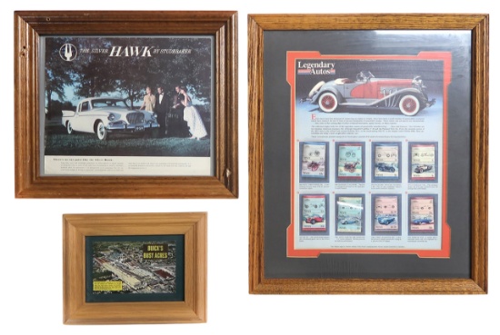 Automobile Advertising & Ephemera (3), Studebaker Hawk magazine cut, Buick's Busy Acres postcard ...