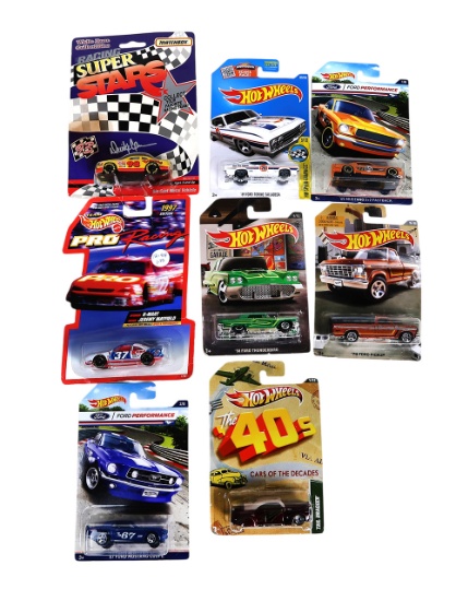 Hot Wheels (8), The 40s Tail Dragger, '79 Ford Pickup, '69 Ford Torino Talladega, '65 Mustang 2+2...