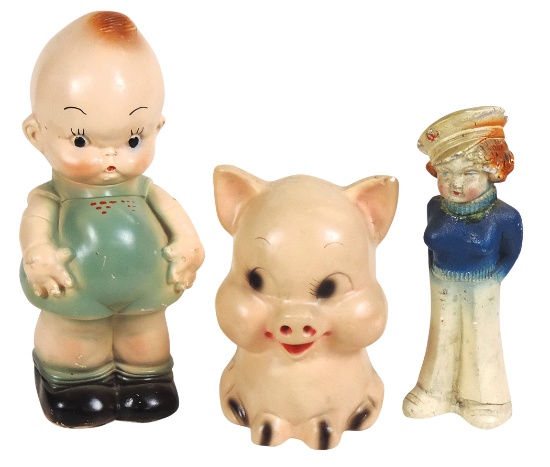Carnival Chalkware Figures (3), Kewpie & Piggy bank & sailor girl, Exc & VG cond, latter two w/a ...