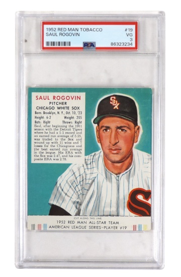 Baseball Card, Saul Rogovin-Pitcher Chicago White Sox, 1952 Red Man Tobacco w/tab, PSA Graded VG 3,