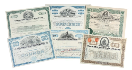 Stock Certificates (6), Gulf, Mobile and Ohio Railroad Company, 100 Shares, c.1957, American Mach...