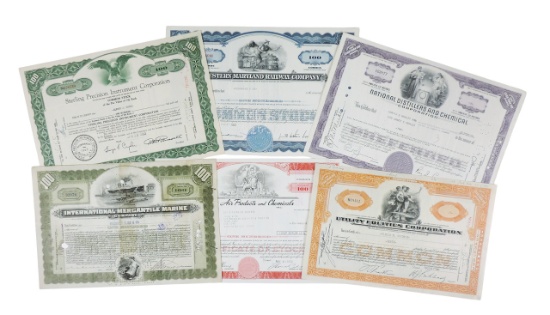 Stock Certificates (6), Western Maryland Railway Company, 100 Shares, c.1956, National Distillers...