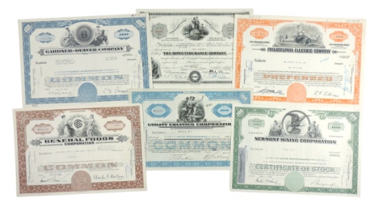 Stock Certificates (6), Newmont Mining Corporation, 100 Shares, c.1970, Gardner-Denver Company, 100