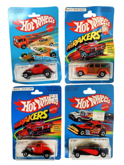 Hot Wheels (4), '37 Bugatti, 3-Window '34 HiRakers, '40s Woodie & 3-Window '34 '57 Chevy.