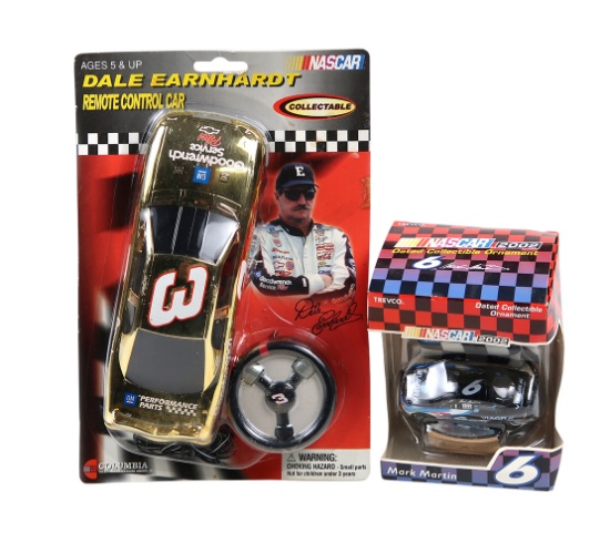 NASCAR Collectibles (2), Dale Earnhardt RC car & Mark Martin ornament, MIB, largest H 10 in.