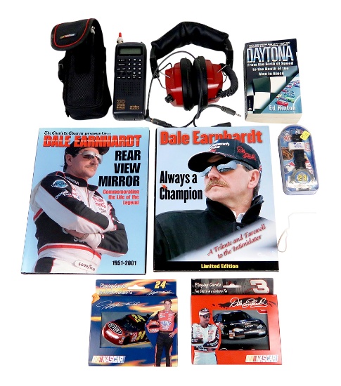NASCAR Collectibles (7), incl Dale Earnhardt books, 30 channel Uniden scanner & headphones, Exc u...