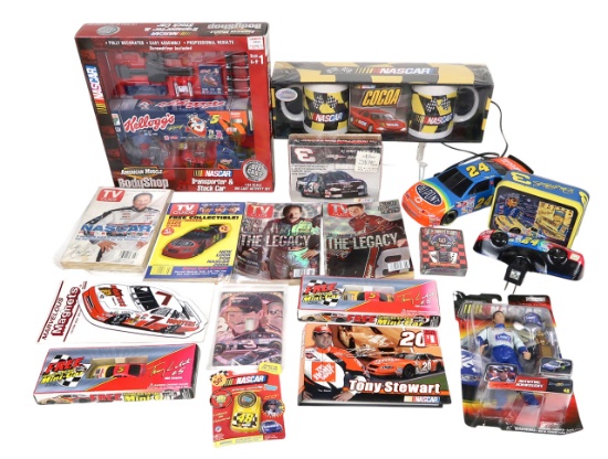 NASCAR Collectibles (20), Mugs, transporter, figures & books, mostly MIB, largest 11 in. SQ.
