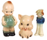 Carnival Chalkware Figures (3), Kewpie & Piggy bank & sailor girl, Exc & VG cond, latter two w/a ...