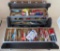 Vintage Brown Tackle Box filled with fishing lures and accessories. (heavy).