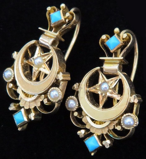 Pair of 14K Victorian Earrings with Turquoise & Pearls. Approx 4.1 grams.