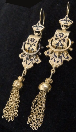 Pair of Victorian English Black Enameled Earrings marked 14K with tassels. Approx 2.6 grams.