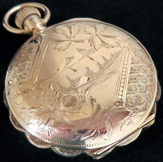 1893 Hampden Pocket Watch 17 Jewels Size 16 movement # 805714. 14K Gold K & U MFG Co. Case.
