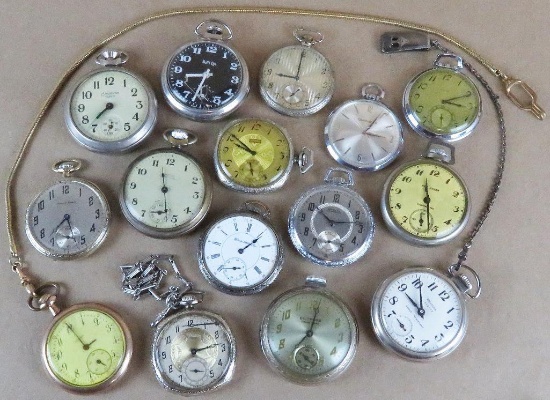 Watch Dealer Lot: (15) functioning & non-functioning misc Pocket Watches. Fixer-ups or parts! Nic